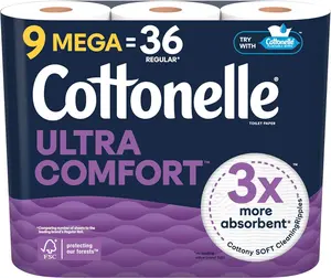 Cottonelle Ultra Comfort Toilet Paper, 9 Mega Rolls = 36 Regular Rolls, Packaging May Vary