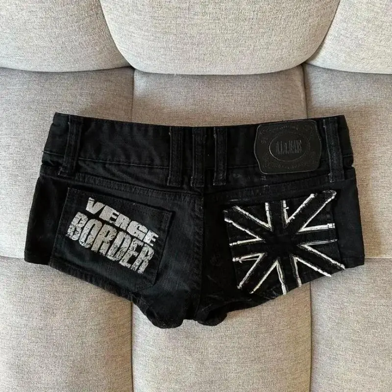 Hip hop fashion street clothing graphic printing style women black shorts goth slim denim shorts