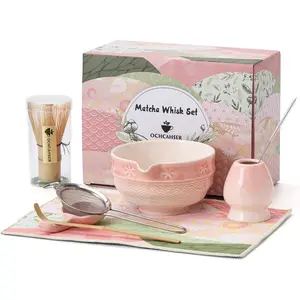 Matcha Tea Set, 8 Pcs Japanese Matcha Kit with Cherry Blossom and Wave Design Ceramic Bowl, Bamboo Whisk, Whisk Holder, Scoop, Sifter, Brush, Matcha Kit Set for Matcha Lovers (Pink Gradient)