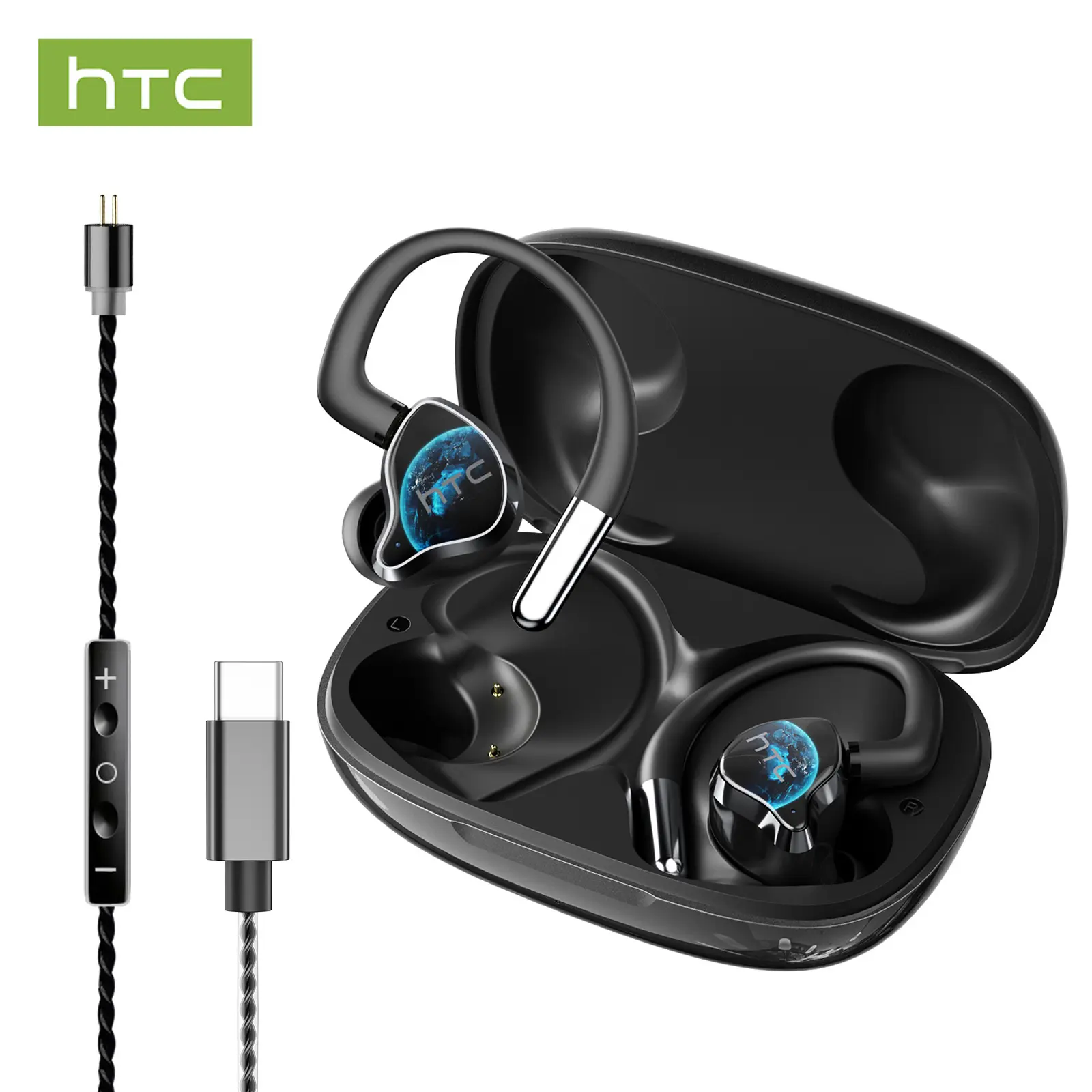 HTC NE81 3-in-1 Bluetooth Earphones — In-Ear & Ear-Hook Wireless Headset with Wired Voice Control for Singing & Live Streaming, Voice Changer, Hi-Fi High-Fidelity Sound, Lightweight & Portable
