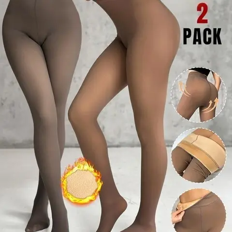 Women's 2-Piece Casual Cotton Underwear Set - Plus Size High-Waist Elastane Fleece Lined Tights, Sheer Look, Cozy, Body Slimming Baby-Soft Skin Thermal Leggings, Tights for Women