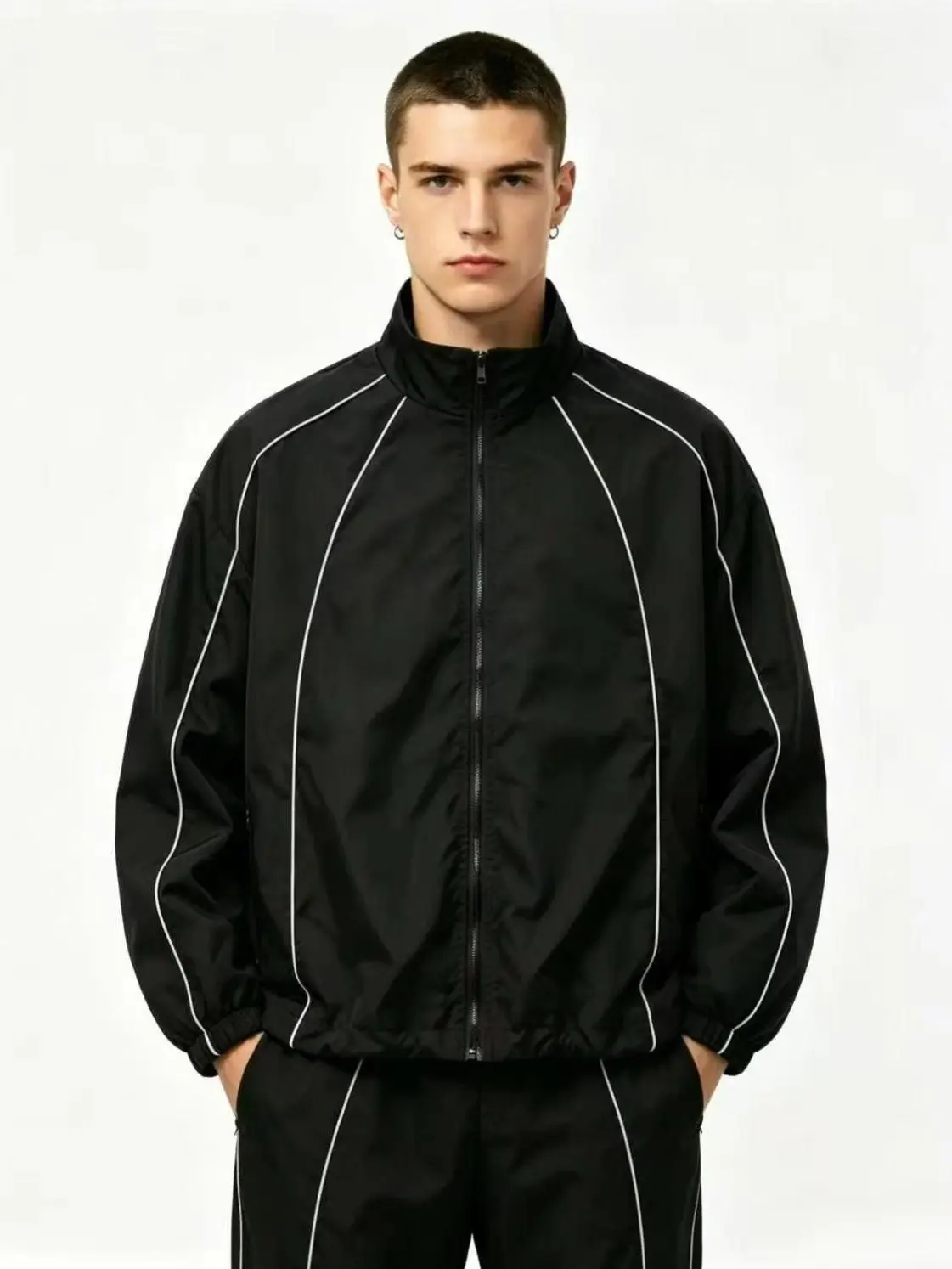 Men's Y2K Streetwear Windbreaker Full Zip Track Jacket Lightweight Casual Coat Decorative Contrast White Piping Adjustable Cinch Hem Baggy Oversized Parachute Jacket with Zipper Pockets Retro Athletic Outerwear Black