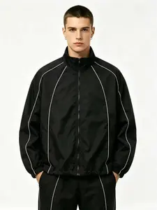 Men's Y2K Streetwear Windbreaker Full Zip Track Jacket Lightweight Casual Coat Decorative Contrast White Piping Adjustable Cinch Hem Baggy Oversized Parachute Jacket with Zipper Pockets Retro Athletic Outerwear Black