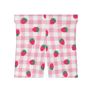 Pink Checkered and Strawberries Women's Biker Shorts, Cute Berry Pattern Cycling Shorts, Summer Fruit Print Spandex Yoga Bottoms, Comfy
