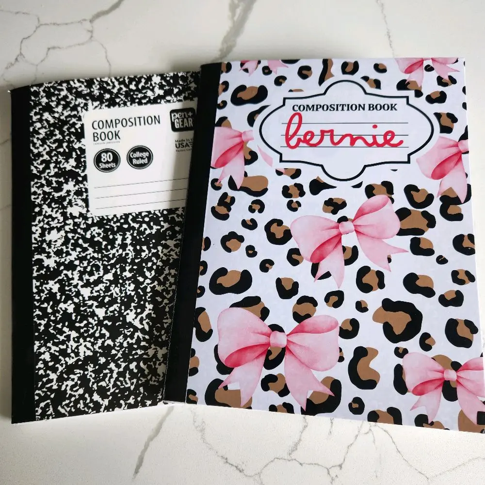 Bernie Custom Composition Notebooks - Leopard Print & Marble Design with Pink Bows - 80 Sheets Each