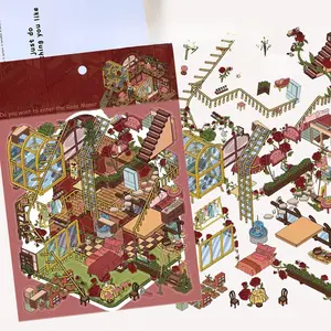 Four Transparent PET Stickers Depicting A Rose Garden Scene, Suitable for Waterproof Decoration on Suitcases, Phone Cases, Laptops, Helmets, and Skateboards. Perfect for DIY Creative Stickers.