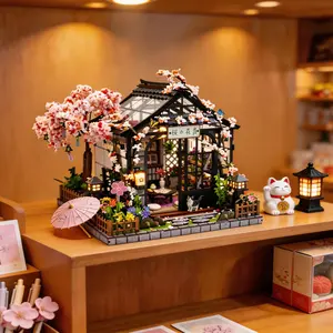 DIY Sakura Greenhouse Dollhouse Kit with LED Light, Japanese Miniature House 3D Wooden Puzzle, Cherry Blossom Craft Gift