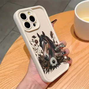 White Flower Horse Pattern Phone cases Case Compatible with iPhone 17 Pro Max 16 16e 15 14 Plus 13 12 Mini 11 Air X XS Pattern TPU Lens Protection Durable Soft Cover Valentine's Day Gift 2D printing