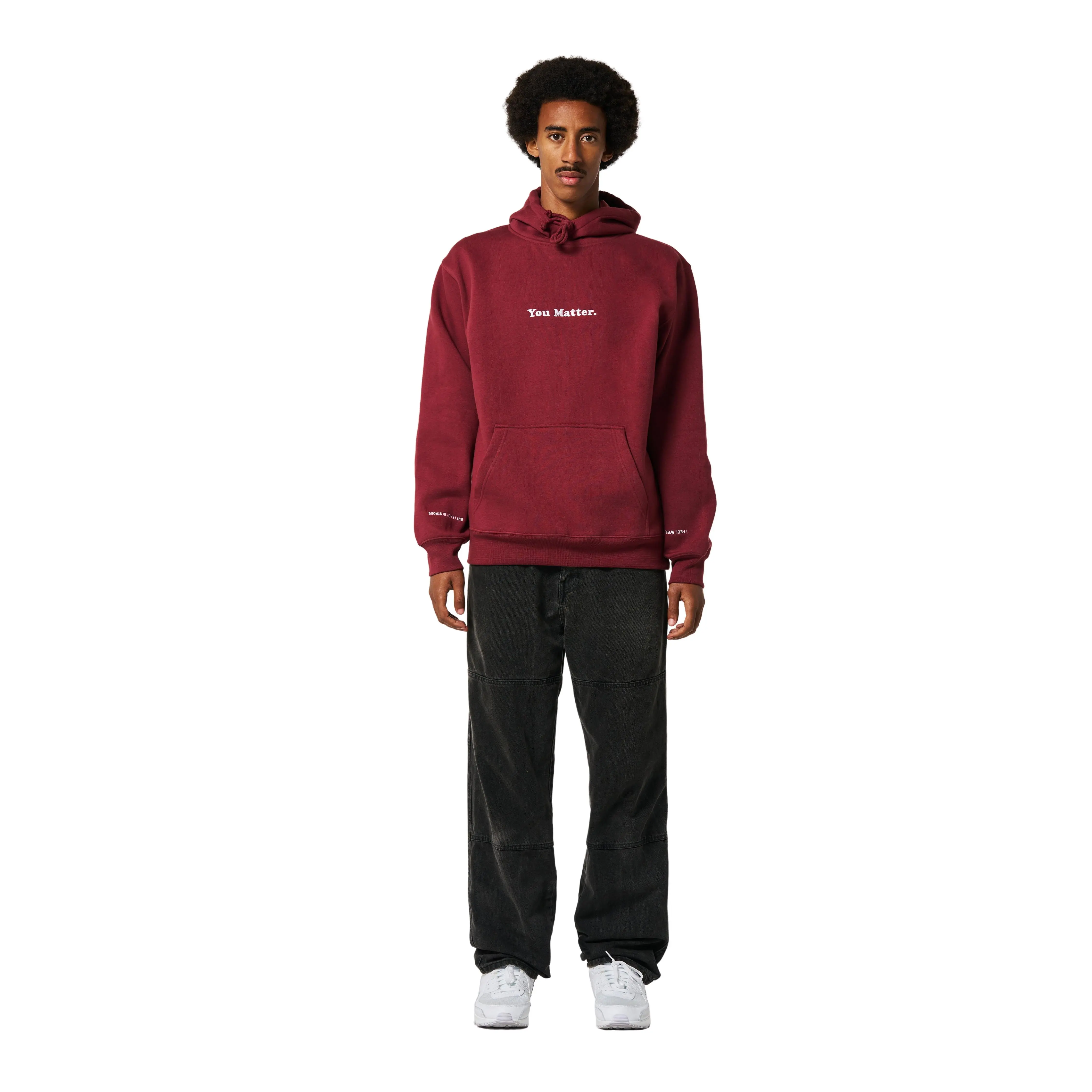 You Matter Men's Embroidered Heavyweight Cotton Hoodie, Oxblood Red Pullover Sweatshirt with a Satin Lined Hood, Menswear