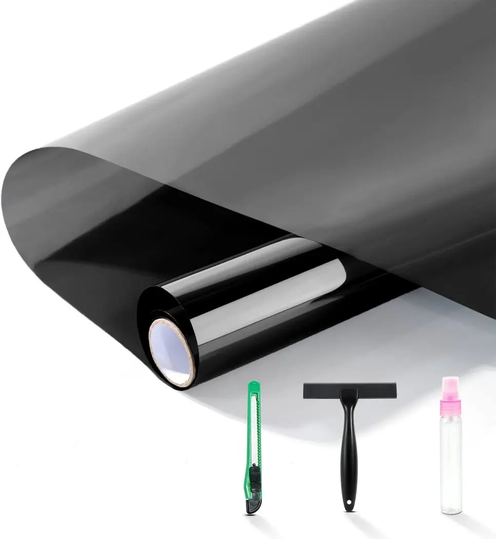 Home Window Tint One-Way See-Out Not-In, Static Adhesive Window Film, Anti-Glare, Anti-UV, Heat Insulation, Black 17.5 x 78.7 Inches with Installation Tools