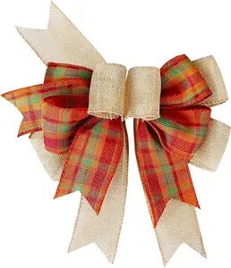 Fall Bows for Wreaths Orange Buffalo Plaid Burlap Bow for Thanksgiving Tree Topper