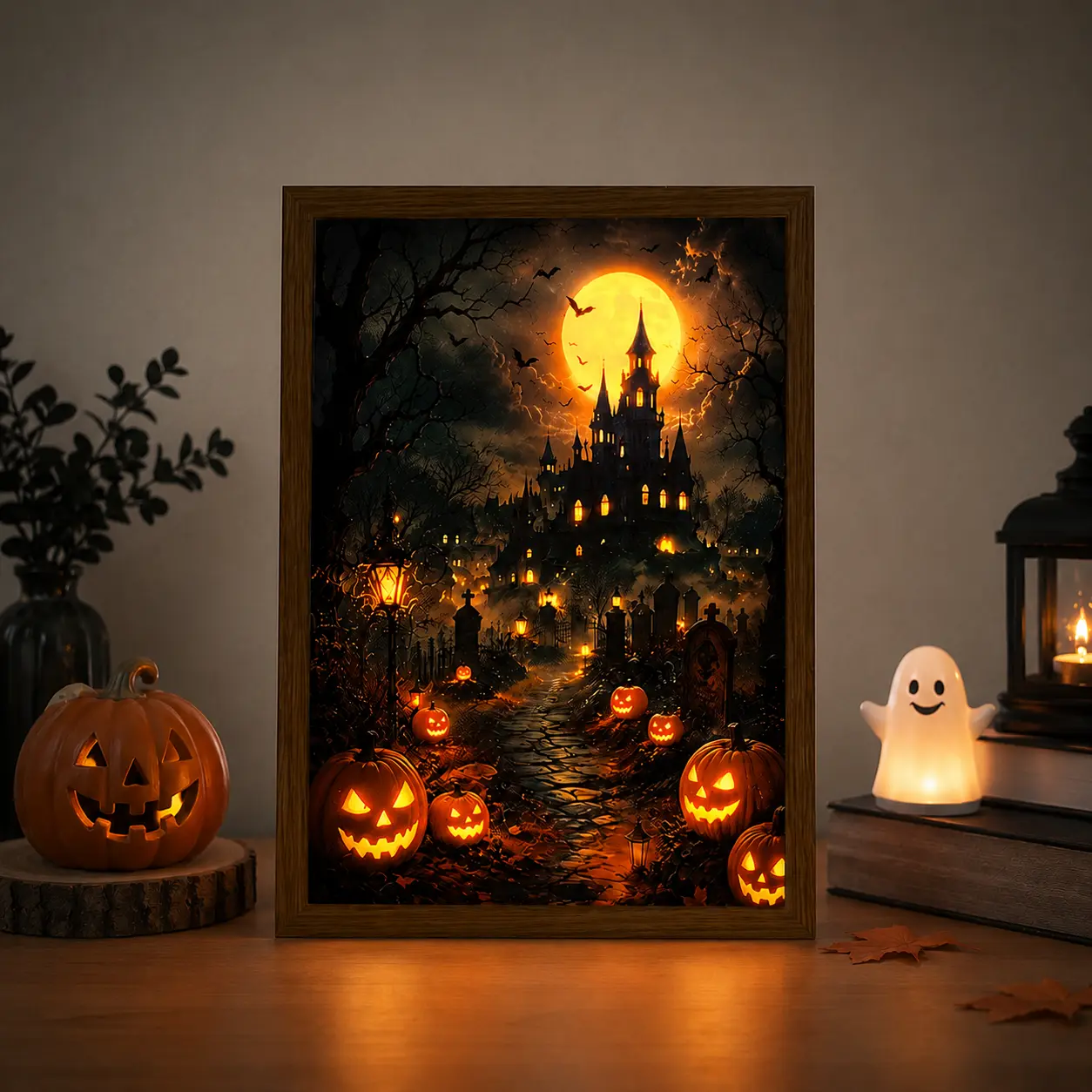 Halloween Haunted Castle LED Light Painting | USB Pumpkin Graveyard Lamp, Polished Wood Frame, Dimmable Bedroom Decor, Spooky Halloween Ambient Light, Cute Halloween Gift for Home & Room Decor