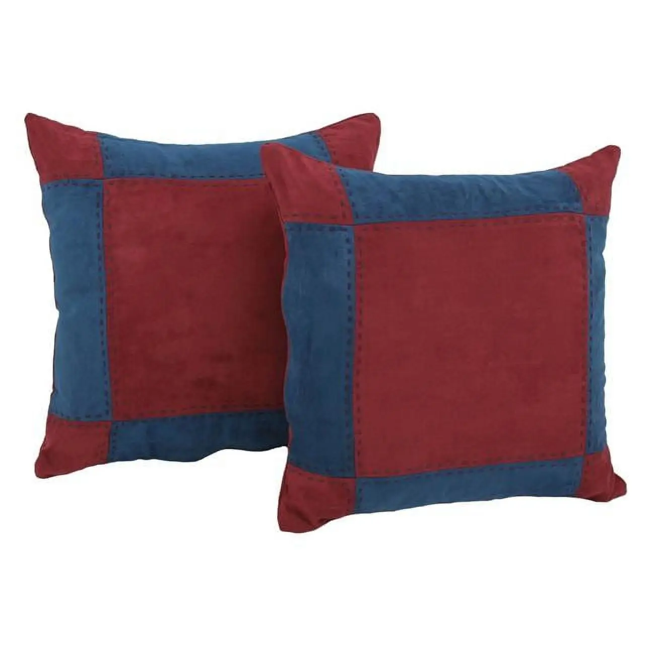 Blazing Needles 9810-S2-PW-RW-IN 18 in. Patchwork Microsuede Square Indoor Throw Pillows, Red Wine & Indigo - Set of 2