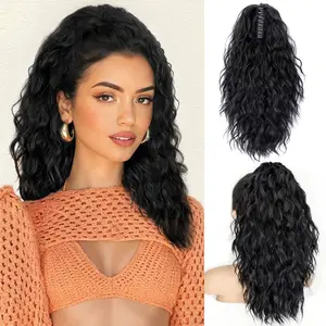 Ponytail Extension 18" Curly Pony Tail Black Brown Clip in Claw Short Ponytail Fluffy Natural Looking Synthetic Hairpiece for Women Easy To Go