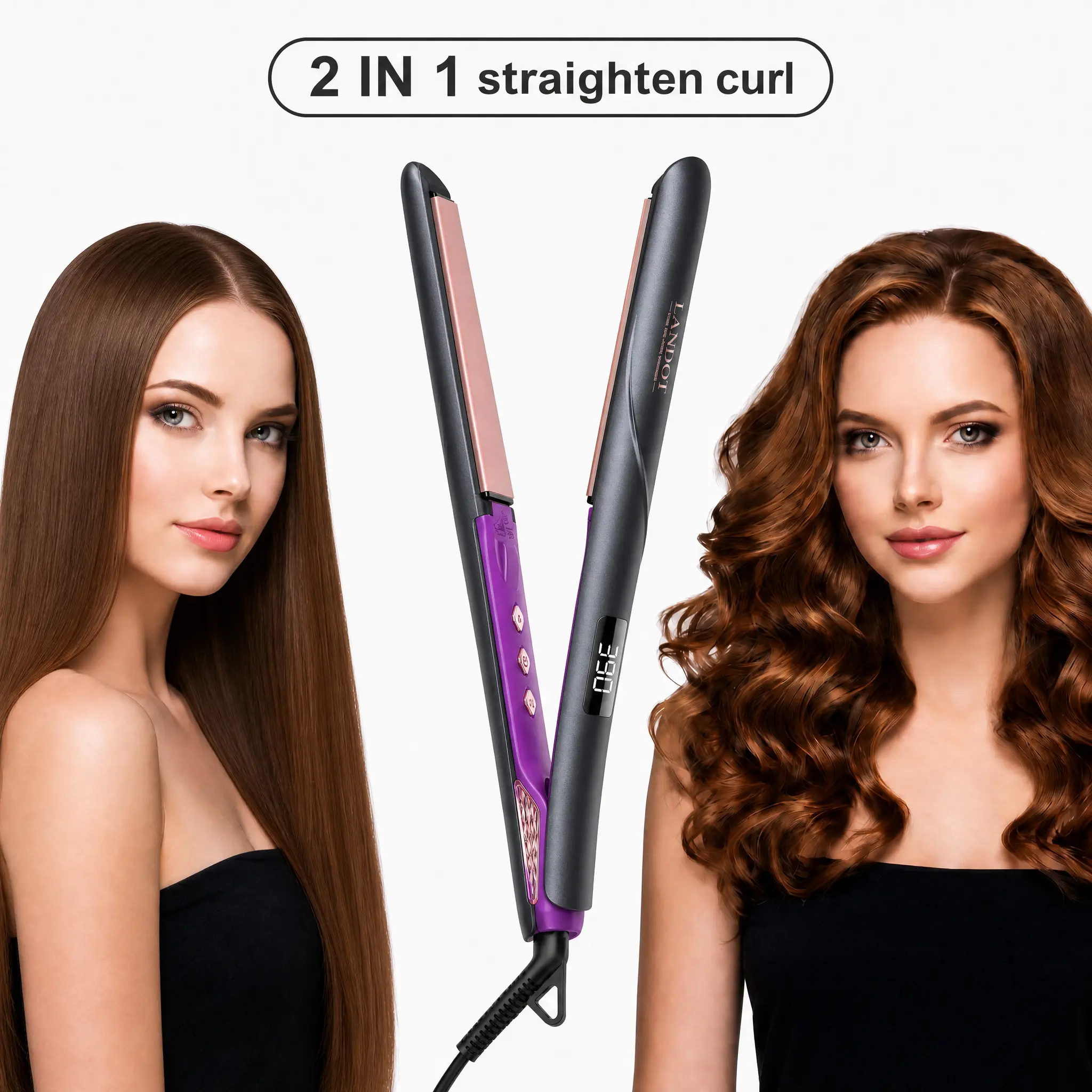 LANDOT 2-in-1 Adjustable Hair Straightener & Curling Iron - 1-in Floating Plastic Plates, 450°F Fast Heating, Dual Voltage Travel Design, Anti-Frizz for All Hair Types, with Storage Pouch
