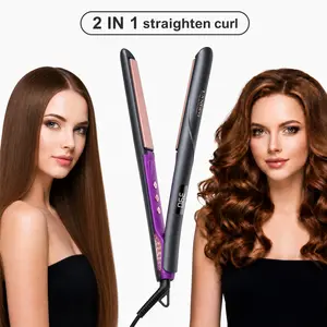 LANDOT 2-in-1 Adjustable Hair Straightener & Curling Iron - 1-in Floating Plastic Plates, 450°F Fast Heating, Dual Voltage Travel Design, Anti-Frizz for All Hair Types, with Storage Pouch