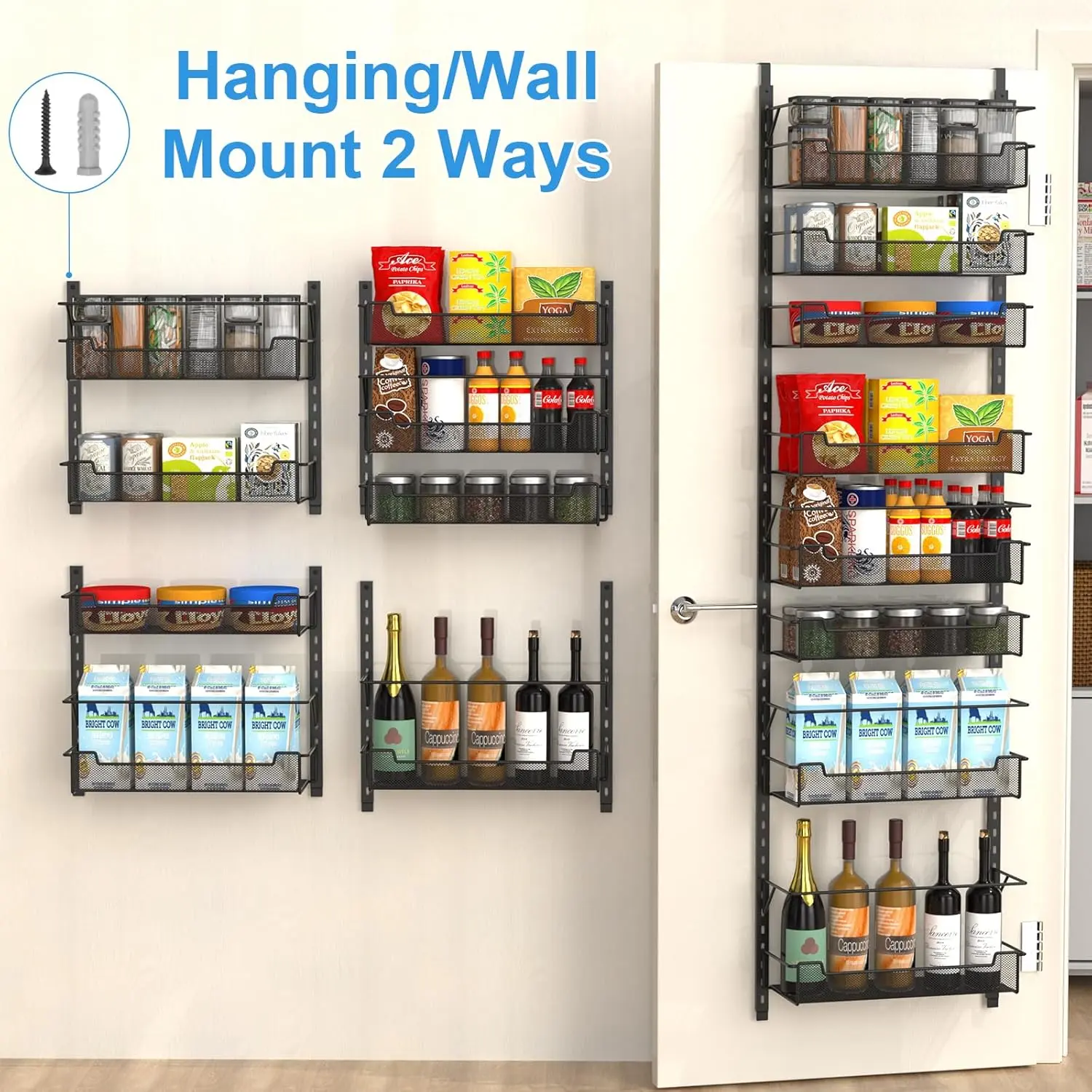 Over the Door Pantry Organizer 8-Tier Adjustable Basket Sturdy Carbon Steel Storage Rack for Kitchen Pantry Spices White Black Display Cabinet Collectibles Metal Wall bathroom organizer