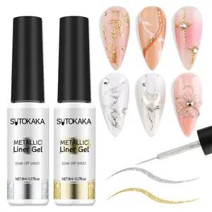 SUTOKAKA Gel Nail Polish Liner Set 2pcs 8ml Reflective Glitter Silver Gold Gel Nail Polish for Painting Drawing Line Swirl French Nail Design Build in Thin Brush Soak Off UV/LED Manicure Set