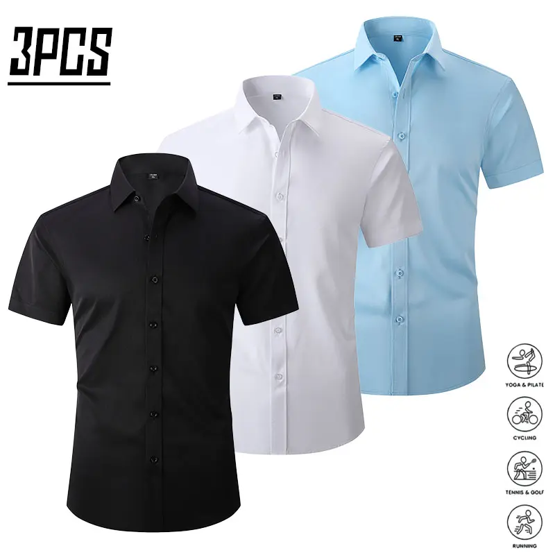 Men’s 3-Pack Slim Fit Formal Solid-Color Dress Shirts, Mature Professional Commuter Style, Skin-Friendly Breathable Easy-Care Deformation-Resistant Fabric, Classic Notched Lapel Single-Breasted Design, Button-Front Closure