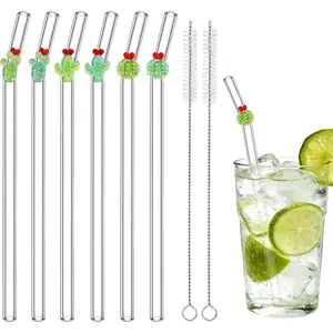 6 count  Glass Straws Cute Fun Straws with Colorful Cactus Design, 7.9'' Clear Glass Straw Bent with 2 Cleaning Brushes for Drink Party Smoothies Milkshakes Juice