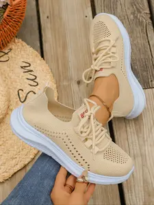 Women's High-Top Lace-Up Sneakers, Breathable Hollow-Out Casual Sport Shoes, Lightweight Fashion Running Shoes, All Seasons Low Top