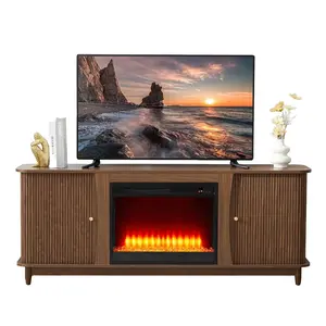 Giratree 62.99" Fireplace TV Stand, Fluted TV Stand with Storage and Sliding Door, Farmhouse Entertainment Center Media Console Table for Living Room