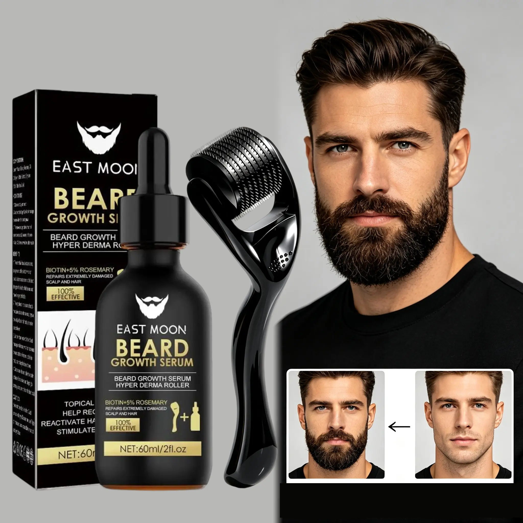 Beard Growth Kit - Beard Growth Serum & Derma Roller, 60ml Nutritional Oil for Thicker Shiny Beards, Fuller Beard Growth, Fills Patchy Spots Fast, Daily Beard Care Tools, Men's Grooming Gifts, Father's Day Gifts