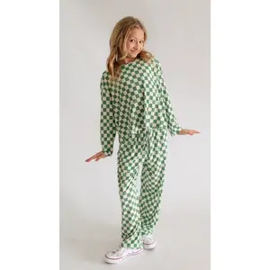Girl's Long Sleeve and Pants Set in Green Checkered