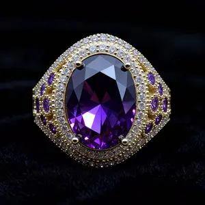 Large oval synthetic amethyst cocktail ring, 14K gold-plated halo-style statement ring, vintage Art Deco-style jewelry