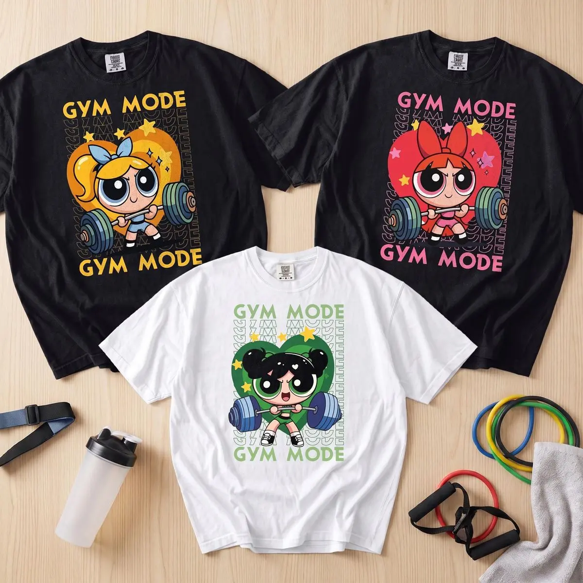 Comfort Colors Powerpuff Girls Gym Mode Shirt, Cartoon Workout Graphic Tee, Weightlifting Fitness Shirt, Unisex Short Sleeve Tee, Crewneck Top