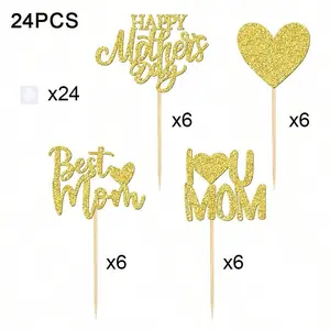 24Pcs Mother's Day Cake Toppers, With 24 Glue Dots, Bamboo Glitter Best Mom Cake Topper, I Love You Mom Cake Topper, Happy Mother's Day Cake Topper