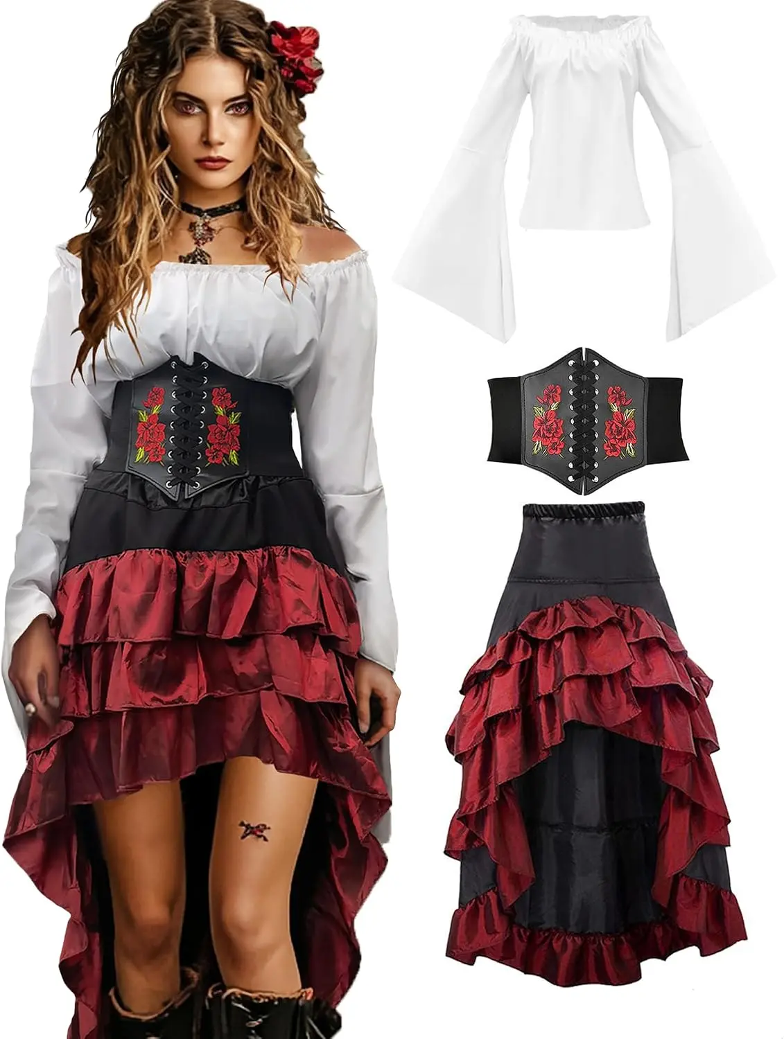 Pirate Costume Women Outfit with Renaissance Pirate Shirt Skirt Corset Waist Belt Womens Halloween Pirate Costumes (White+Red, M) | Vintage pirate style outfit for women, ideal for Renaissance fairs, Halloween, cosplay, pirate festivals and themed parties