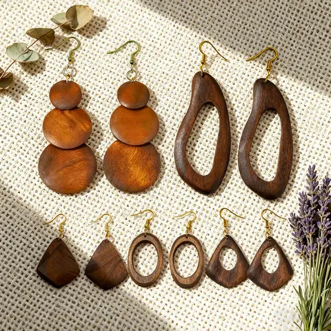 Wooden Dangle Earrings, Drop Earrings, Crafted From Wood Boho Style Hollow Out Geometric Design Earrings, Fashion Jewelry Accessories for Women & Girls, Unique Design Earrings
