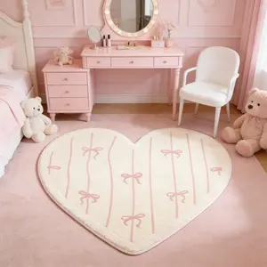 Fashion Creative Heart-Shaped Carpet, Modern Cream Color Bow Pattern Home Decorative Bedroom Bedside Rug, Soft Plush Fluffy Mat, Valentine's Day Gift, Contemporary Rugs