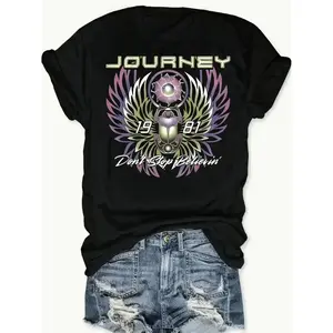 [100% Cotton] Women'S Retro Rock Band Graphic T-Shirt - Journey Never Stop Believin' Print, Short Sleeve, Crew Neck, Casual SpringSummer Top, Casual Wear Band Design Tee Graphic Print Te T-Shirt For Men And Women