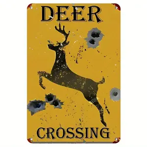 2D Flat, 1pc Funny Deer Crossing Metal Sign - Retro Hunting Style 8x12 Inch Rustic Wall Decor with Bullet Hole Design, Weather-Resistant Outdoor/Indoor Humorous Warning Sign for Cabin, Garage, for Man Cave & Wildlife-Themed Home Decor, Weat