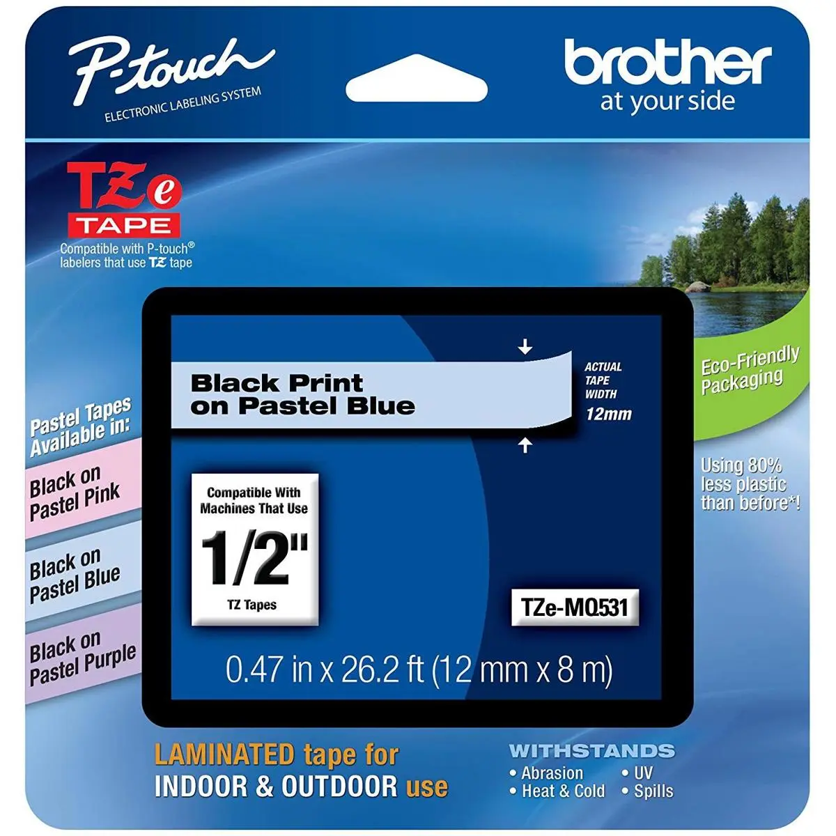 Brother 0.47"x26.2' Laminated Tape for P-Touch Labelers, Black on Pastel Blue