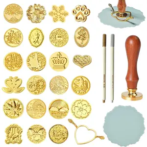 Wax Seal  Kit-23Pcs Sealing  Heads,Wooden Handle,Metal Seal Mold, Mat,Color Pen for Party Wedding Invitation Cards Envelopes  Wrapping Letter