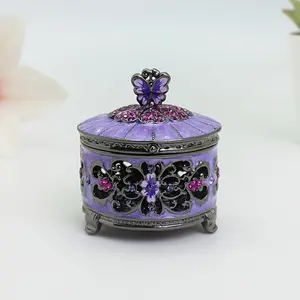 Handmade Bohemian Purple Enamel & Metal Round Jewelry Box with Lid - Ornate Floral & Butterfly Design, Openwork Center, Deep Violet & Black Decorative Storage Box for Necklaces, Rings, Earrings - Wedding, Birthday, Christmas, Valentine's Gi