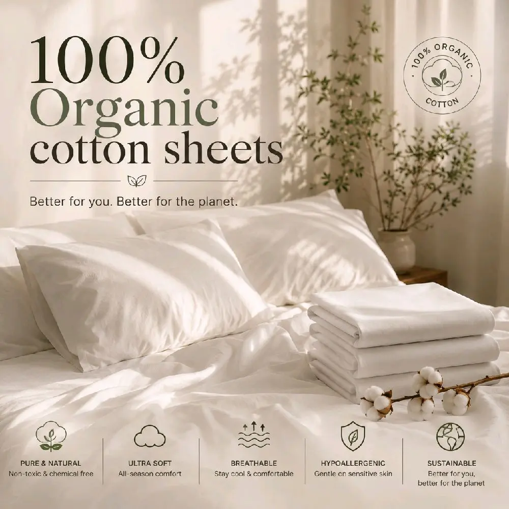 Super Soft 100% Certified Organic Cotton Sheet & Pillowcase Sets - TikTok Live Inspired, Luxury Hotel Quality, Queen & King Sizes