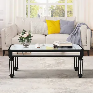 Silver Mirrored Coffee Table, Black Vintage Carved Wooden, Rectangle Glass Tea Table with Mirrored Finish, Modern Center Table for Living Room and Office (24" D x 48" W x 18" H)