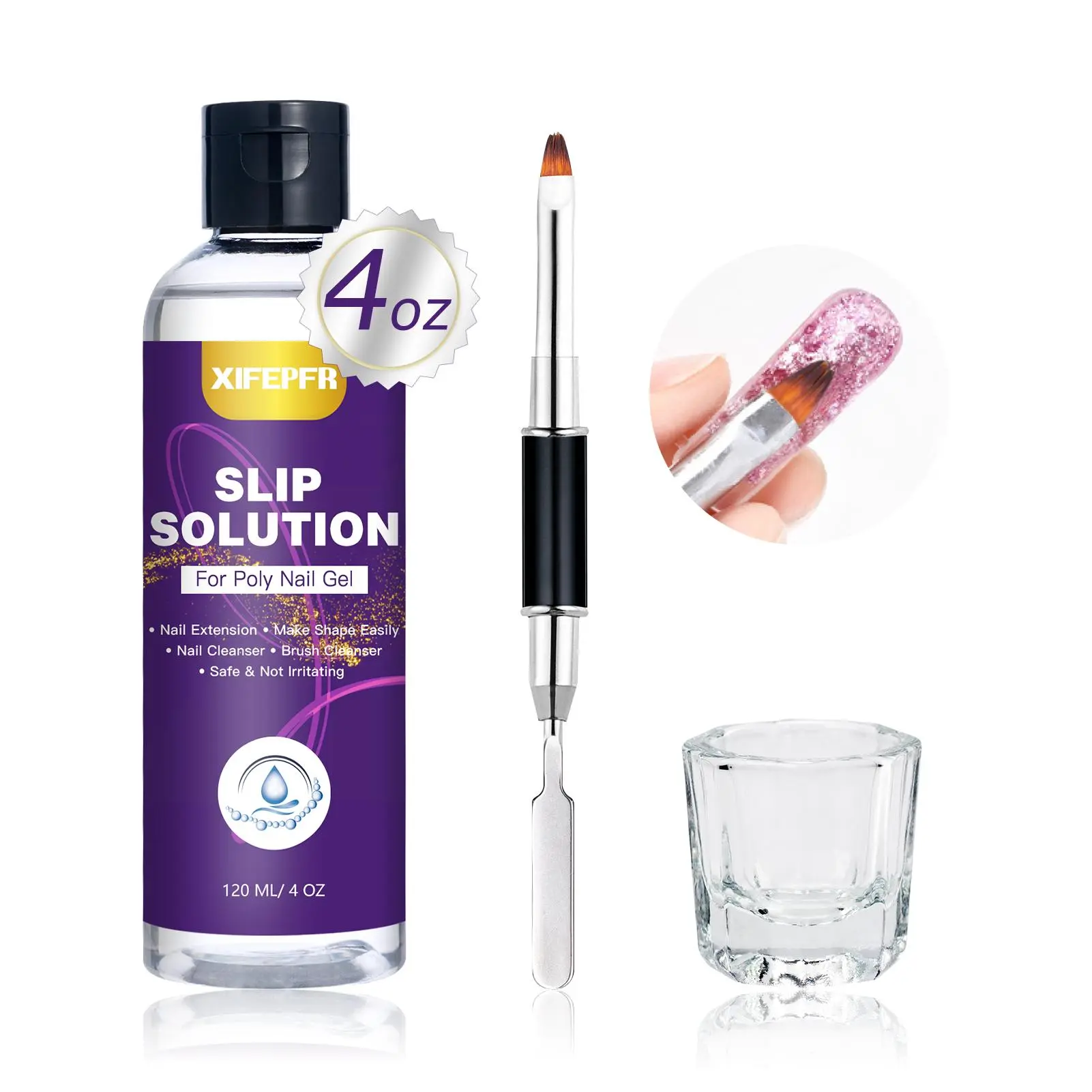 Xifepfr 120ml Poly Gel Slip Solution - Anti-Stick Liquid for Smooth Application, Nail Care Kit with Dual-Ended Brush & Glass Cup, Ideal Gift for Enthusiasts