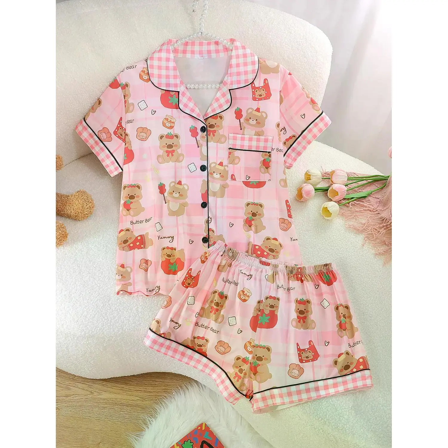 Cozy Women's 2-Piece Pajama Set: Short Sleeve Open Front Top & Elastic Shorts with Cute Bear Design, All-Season Comfort