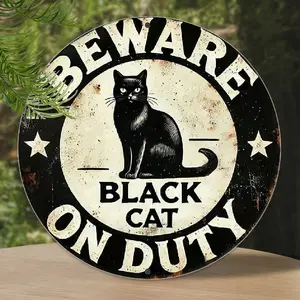 Vintage Black Cat Aluminum Wall Art - 8x8 Inch Round Sign with "BEWARE ON DUTY" Design, Rustic Distressed Look for Home, Bar, Cafe & Garage Decor, Perfect Gift for Friends & Family, Classic Style Metal Sign for Garden & Party Decoration