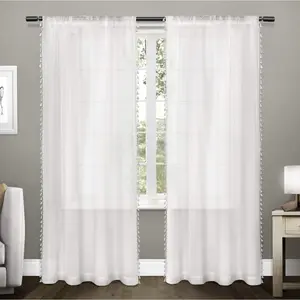 Exclusive Home Tassels Embellished Sheer Rod Pocket Curtain Panel Pair, 54"x96", Winter White
