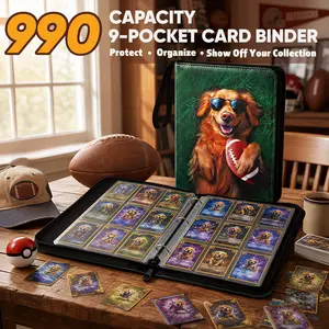 Football Card Binder 9-Pocket 990 Cards, Trading Card Binder for Sports Cards Collection, Zip-Up Card Holder Album with 55 Removable Pages, Wrist Strap, Gift for Kids, Beginners and Collectors