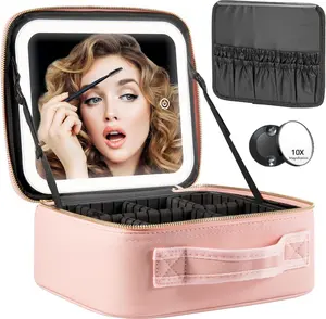 Travel Makeup Bag with LED Mirror Portable Cosmetic Organizer with Adjustable Dividers and Makeup Brush Holder for Makeup Artists