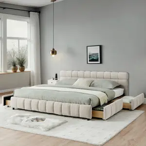 ARCH California King size Upholstered Bed ,comfortable upholstered bed frame, Chenille fabric, with headboard and solid bed frame.With drawer for storage.-Beige(90.5''*80.5''*31'')