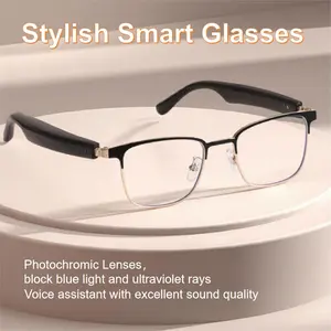 Stylish Smart Glasses with Photochromic Lenses Block Blue Light & UV Rays Voice Assistant for Women Men Open Ear Sound Mic Speakers Magnetic Charging