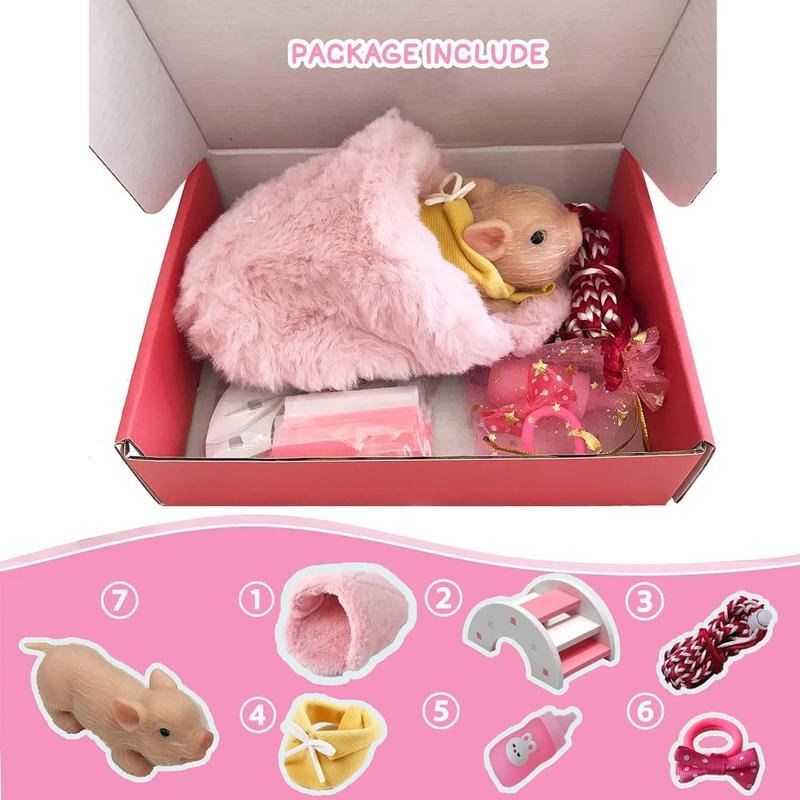 VOLOBE 5 Inches Silicone Piglet, Soft Mini Realistic Piggy Toy, Gift Box with Silicone Piglet Accessories, Kids Lifelike Reborn Doll(Dora)